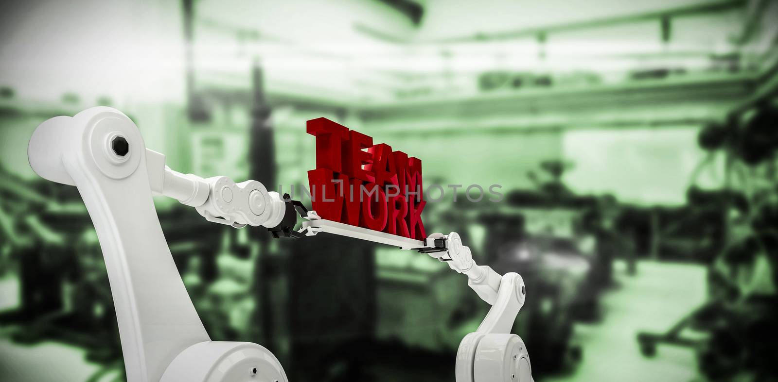 Computer graphic image of robotic hand holding team work text against defocused image of machinery