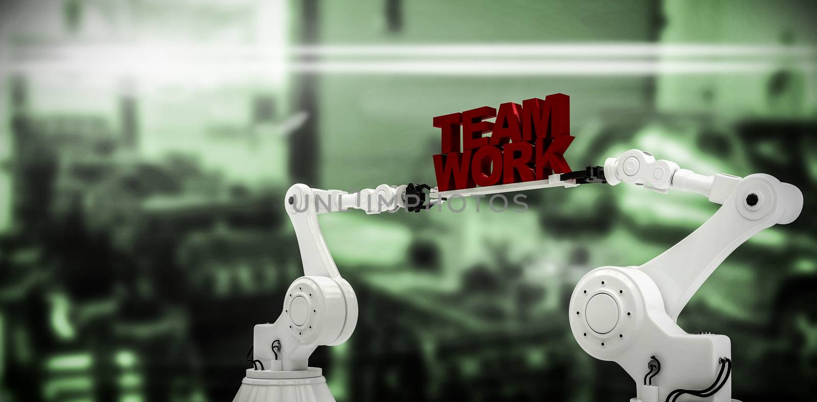Mechanical hands holding team work message on white background against defocused image of industrial machinery