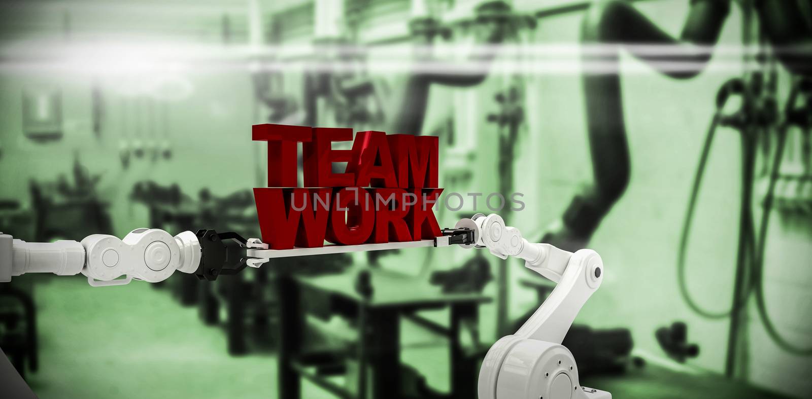 Composite image of white robotic hand holding team work text against white background by Wavebreakmedia