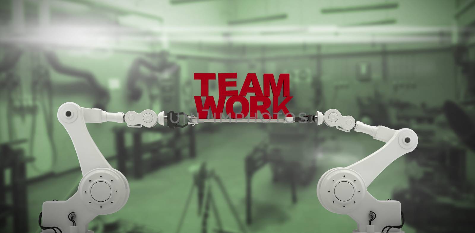 Composite image of digitally composite image of robotic hand holding red team work text by Wavebreakmedia