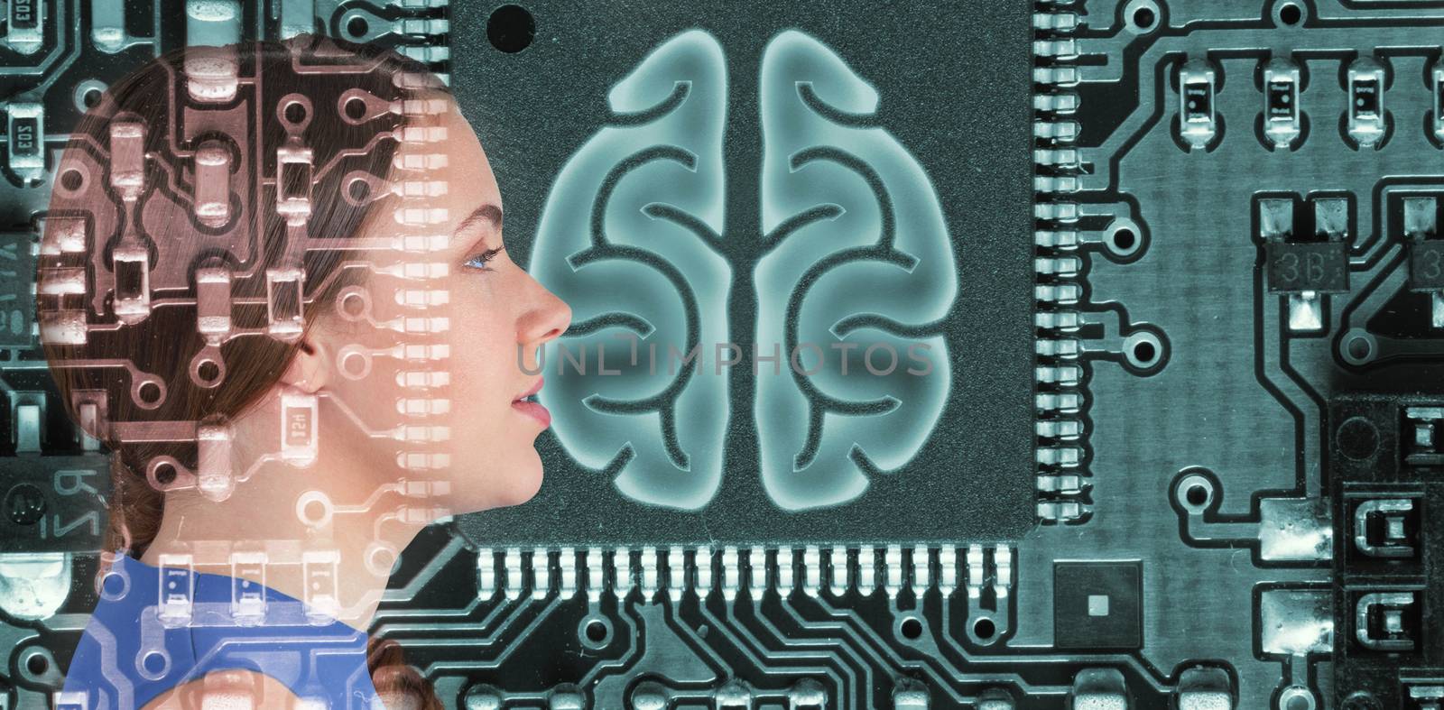 Close up profile view of beautiful woman day dreaming against human brain in circuit board