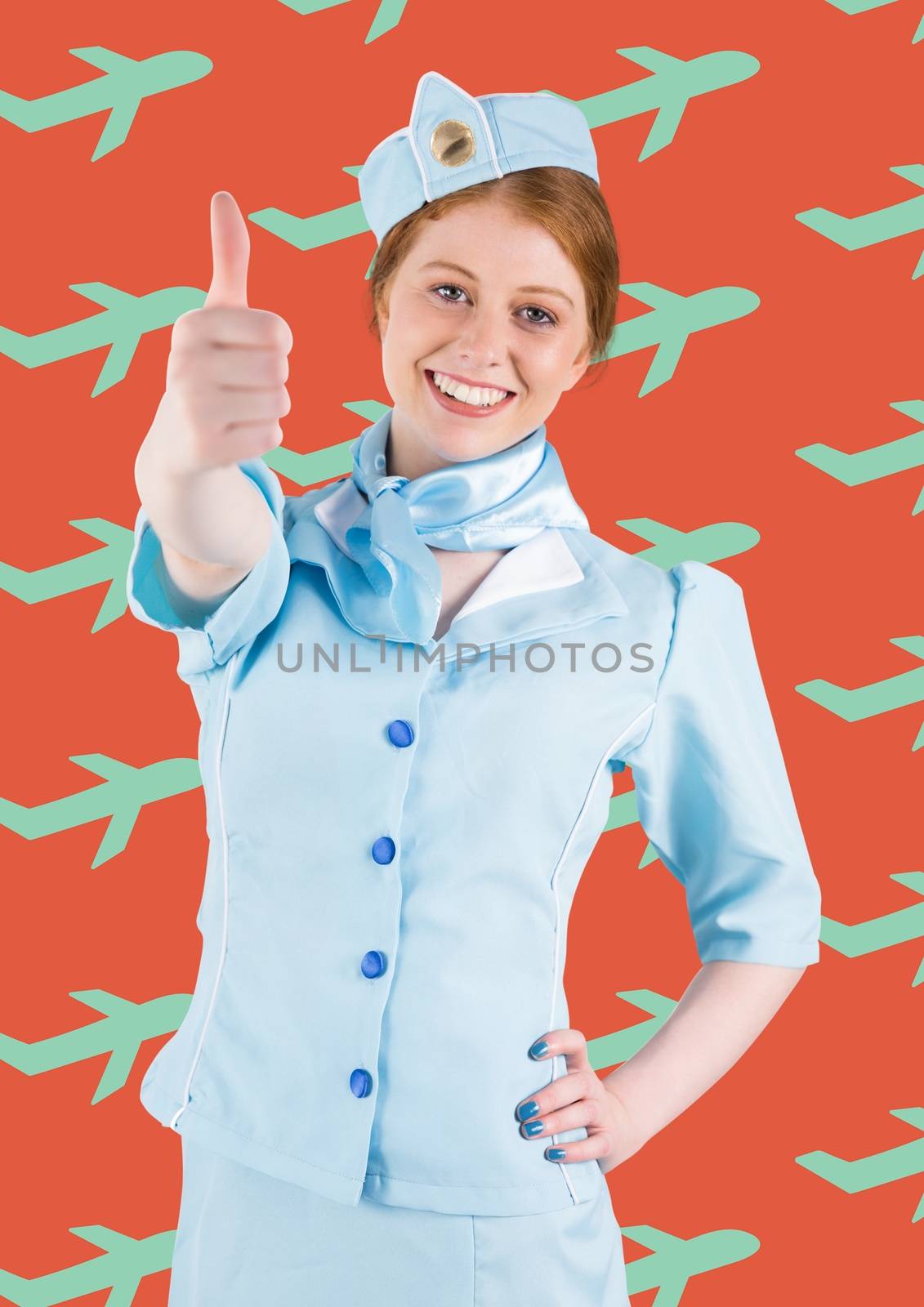 Digital composite of Travel agent against a red background with blue plans 