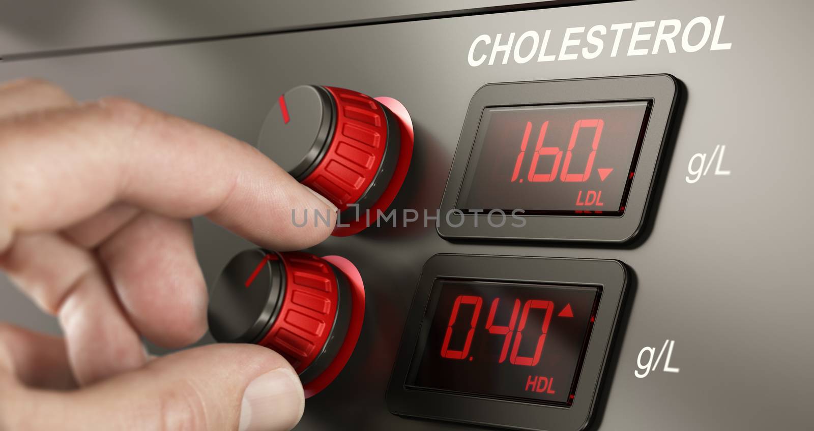 Conceptual dashboard with levels of hdl and ldl cholesterol with fingers turning a button to increase High Density Lipoprotein ratio. Composite image between a hand photography and a 3D background.