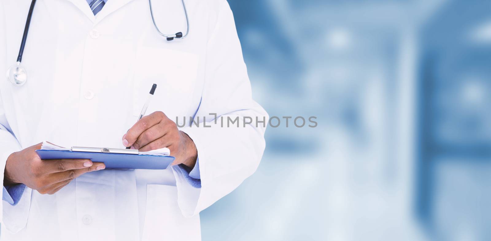 Composite image of midsection of male doctor writing on clipboard by Wavebreakmedia