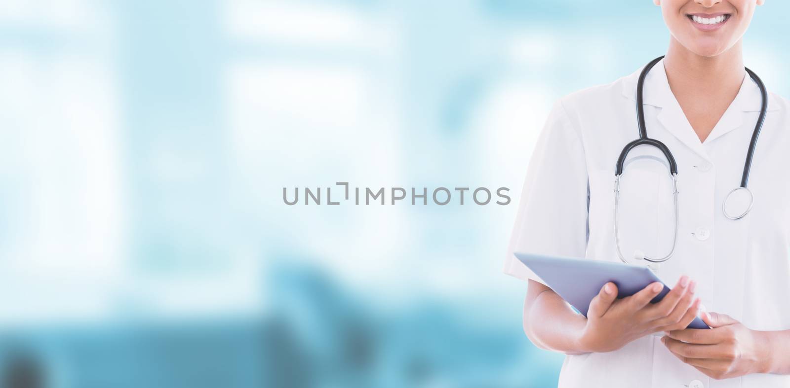 Composite image of happy doctor holding clipboard by Wavebreakmedia
