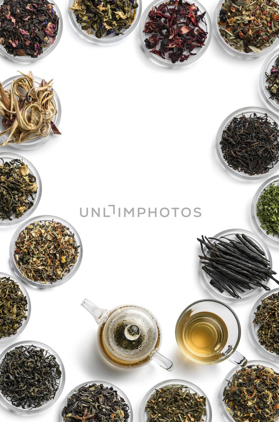 Large assortment of tea on a white background. The view from the top.