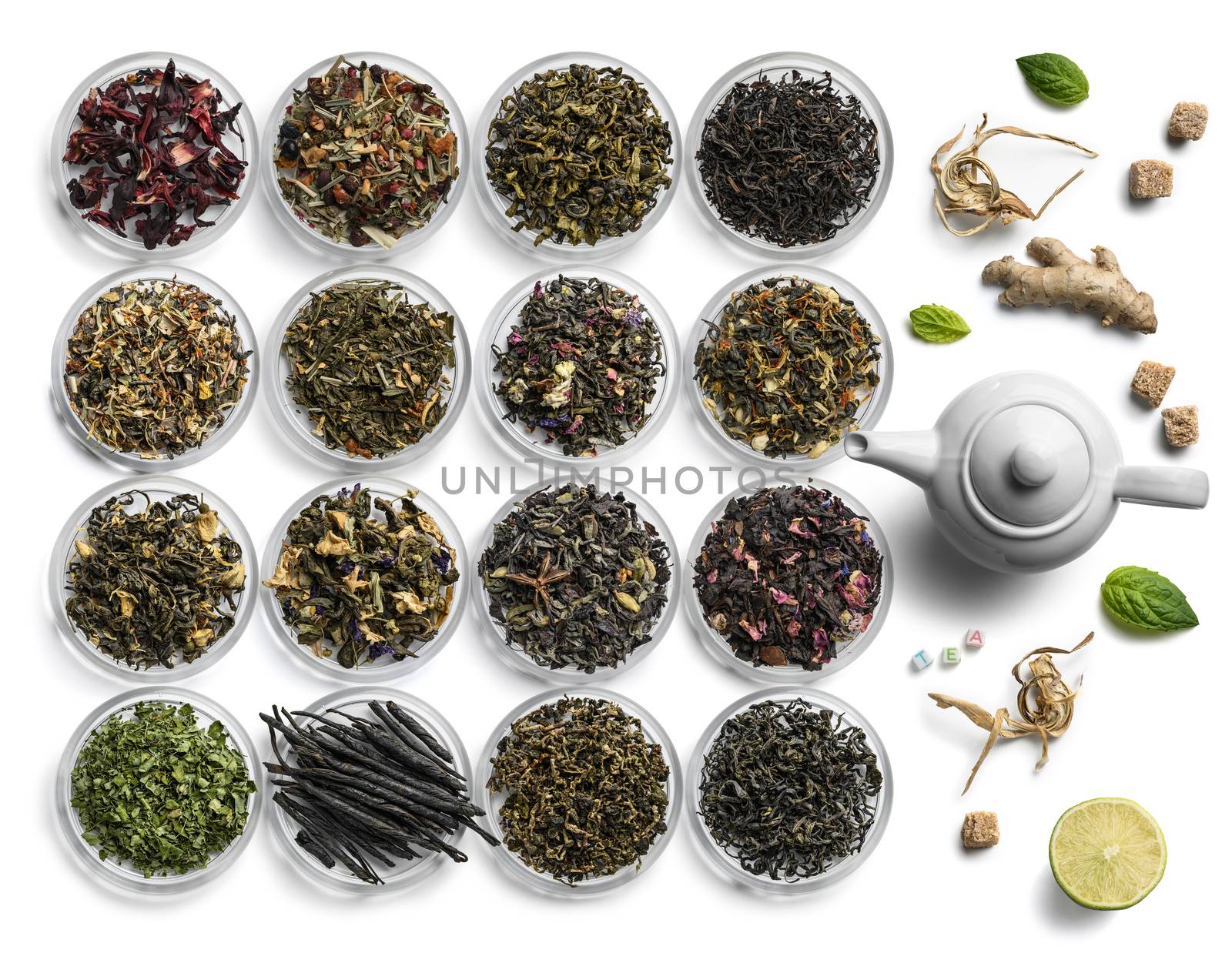 Large assortment of tea on a white background. The view from the top.