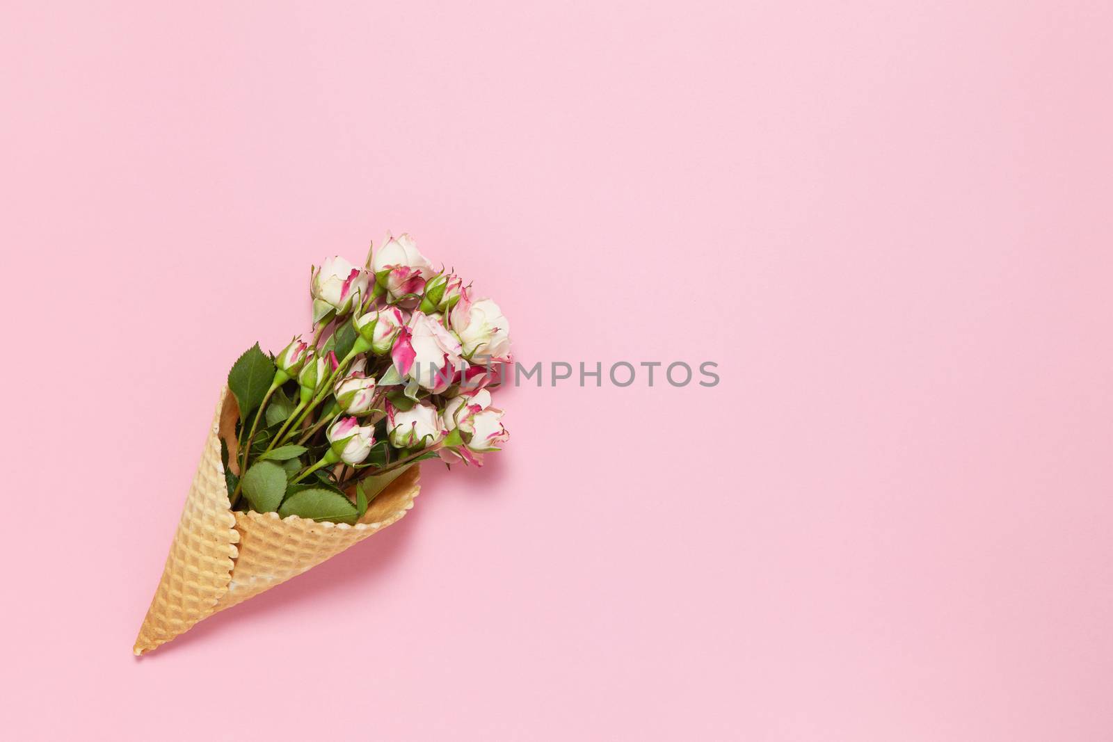 Small roses in waffle cone on pink background, copy space. Minimal style flat lay. For greeting card, invitation. March 8, February 14, birthday, Valentine's, Mother's, Women's day concept. Top view.