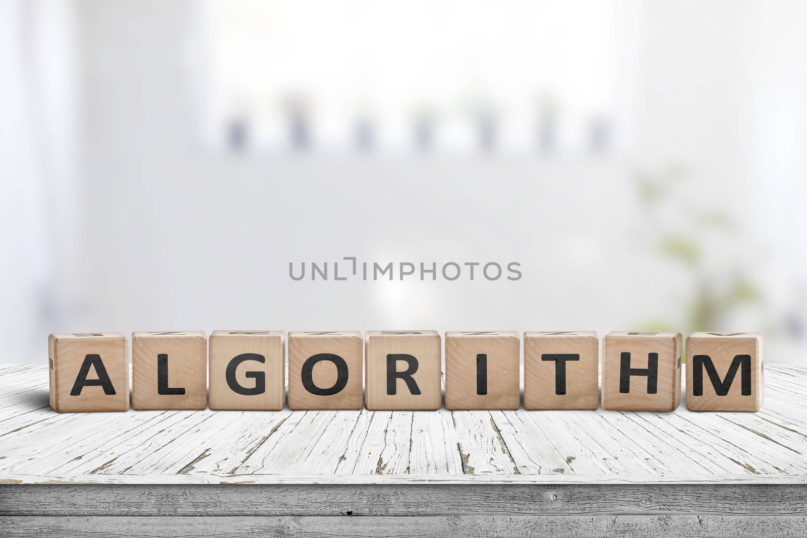 Algorithm word on a wooden sign made of blocks in a bright room