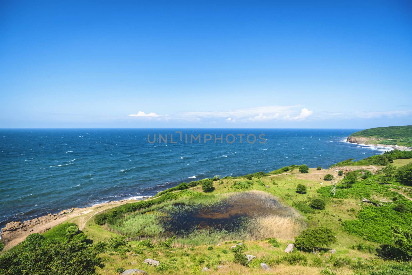 Green area by the blue sea with waves coming in on the ocean shore