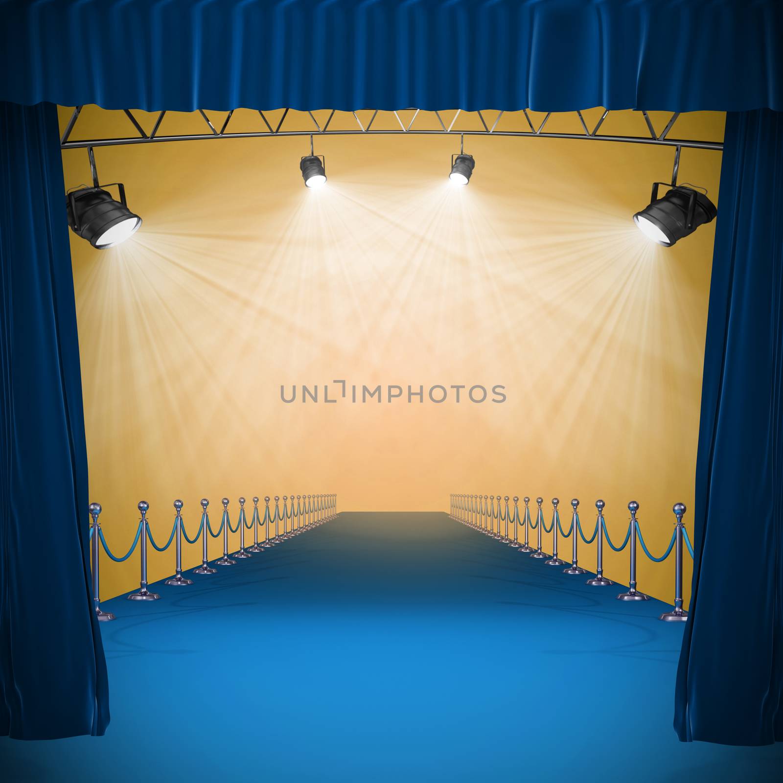 3d Curtains of blue color against image of spotlight