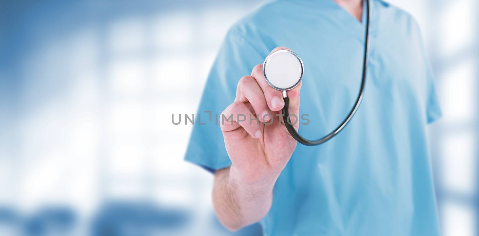 Composite image of midsection of surgeon holding stethoscope by Wavebreakmedia