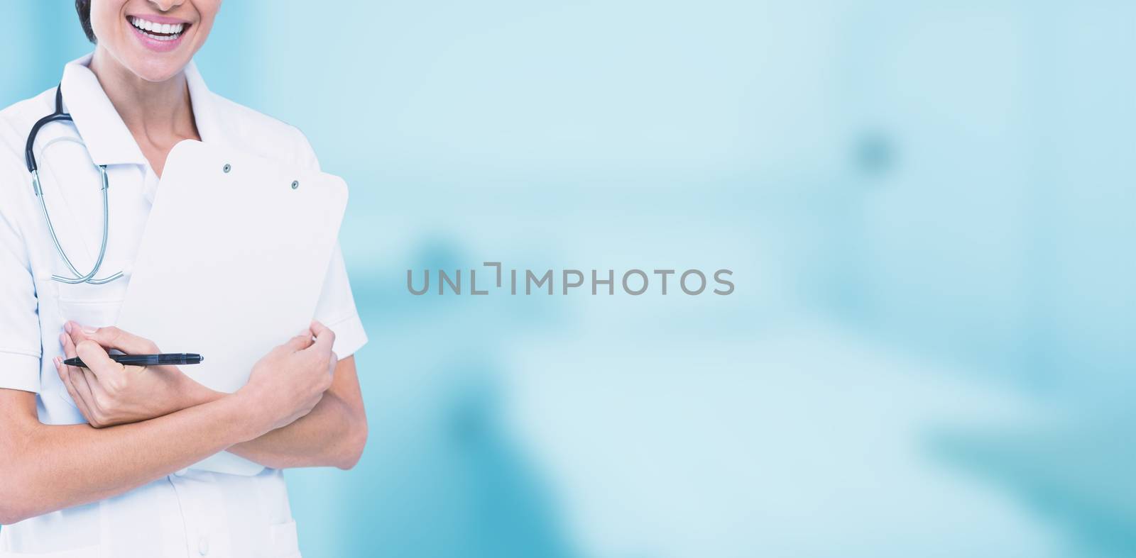 Composite image of portrait of cheerful female doctor holding clipboard by Wavebreakmedia