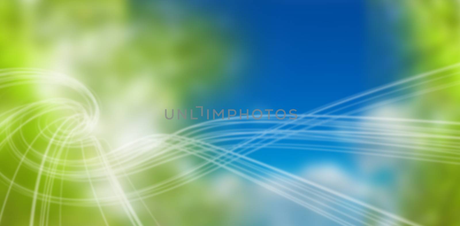 3d Blue background with shiny lines against green leaves