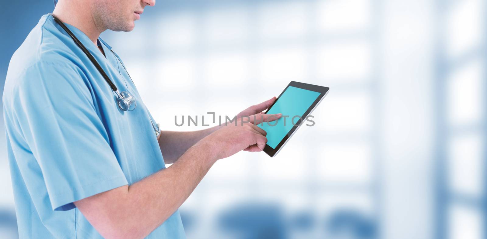 Composite image of surgeon using futuristic digital tablet by Wavebreakmedia