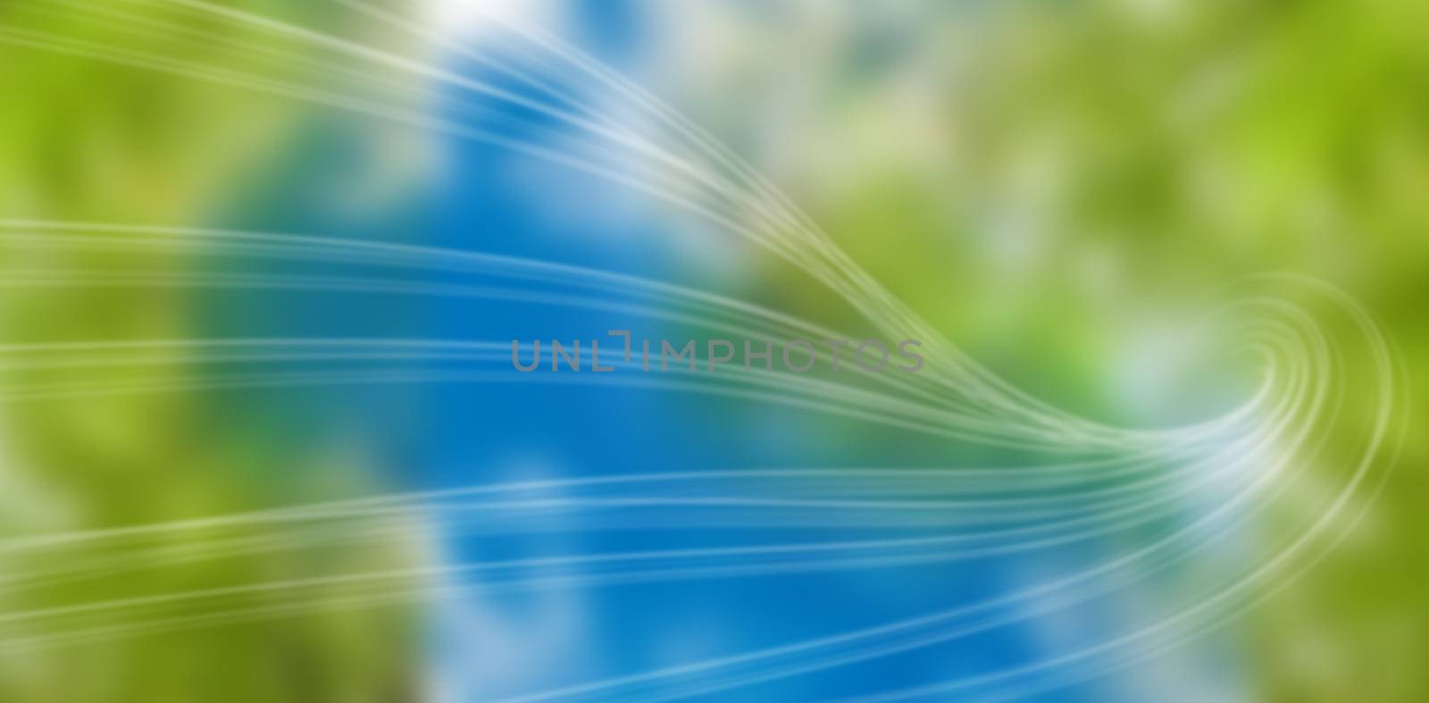 3d Blue background with shiny lines against green leaves
