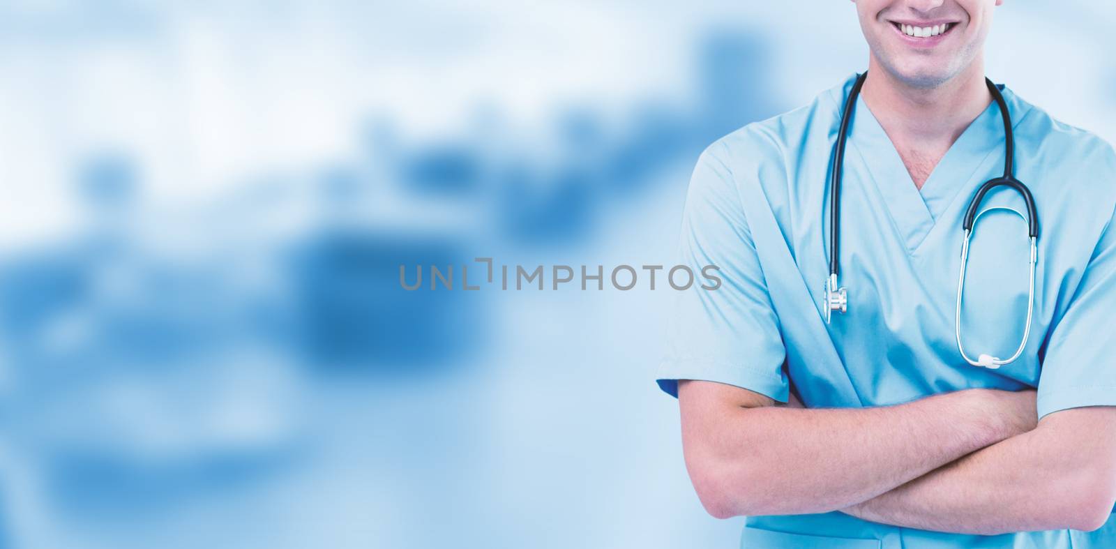 Portrait of male surgeon standing arms crossed against dental equipment