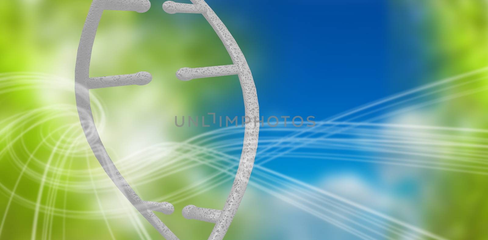 3d Image of dna helix against blue and green background with shiny lines