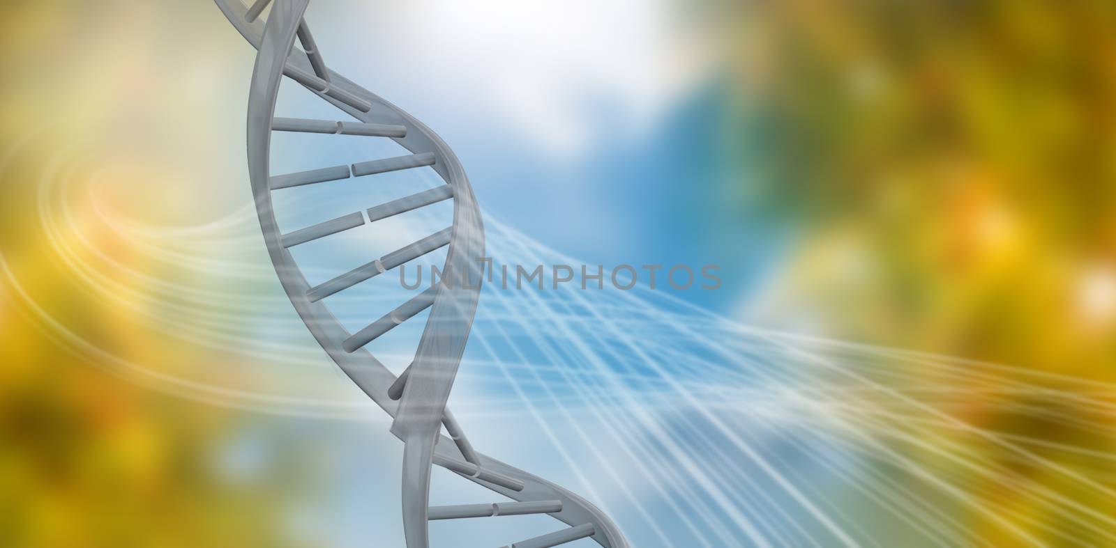 3d Image of dna helix against blue and orange background with shiny lines