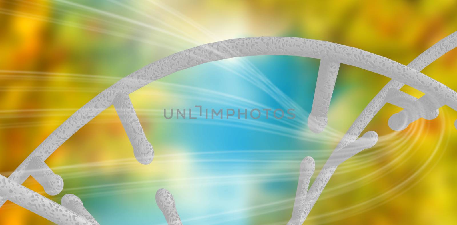 3d Image of dna helix against blue and orange background with shiny lines
