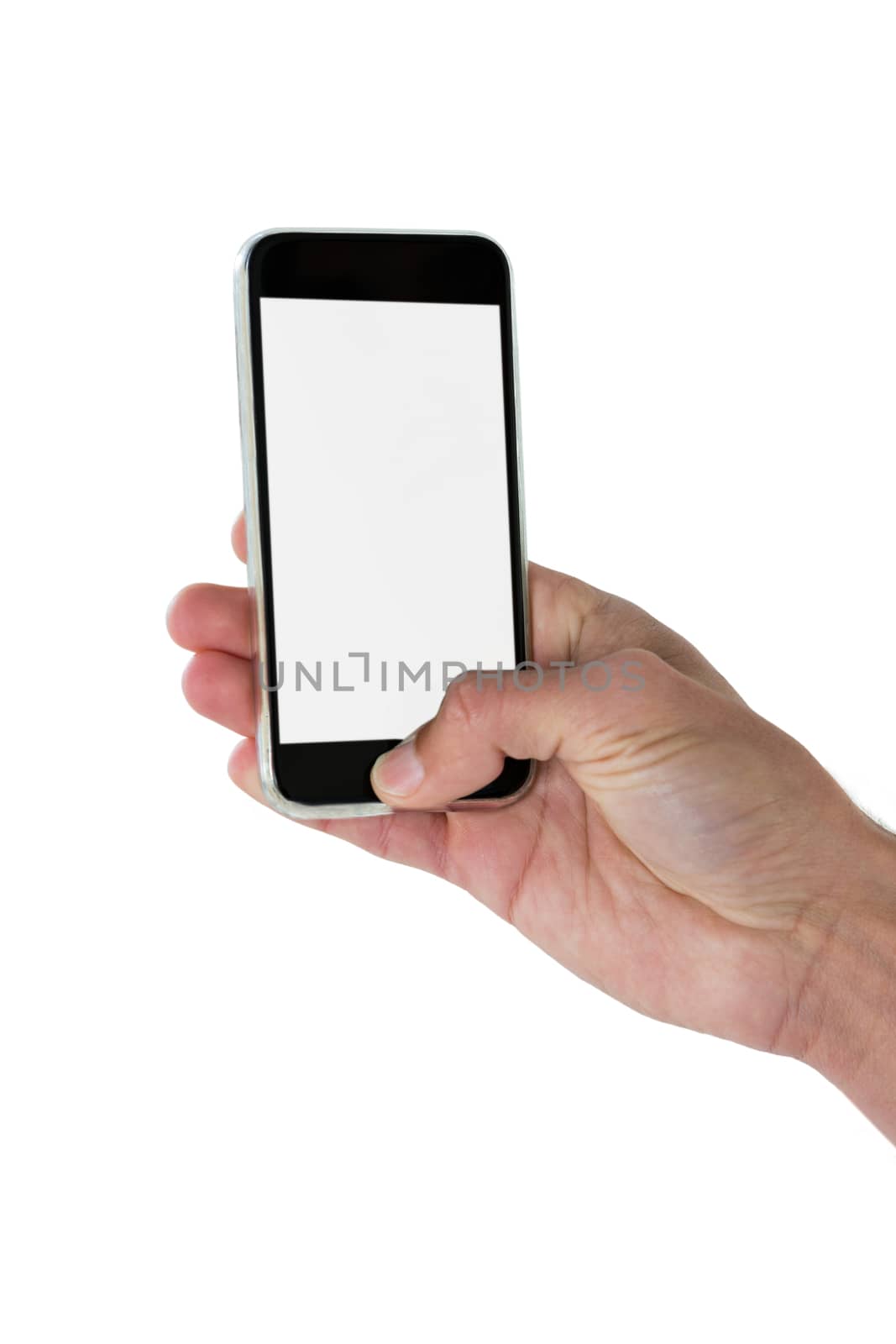 Close up of hands holding a mobile phone against white background