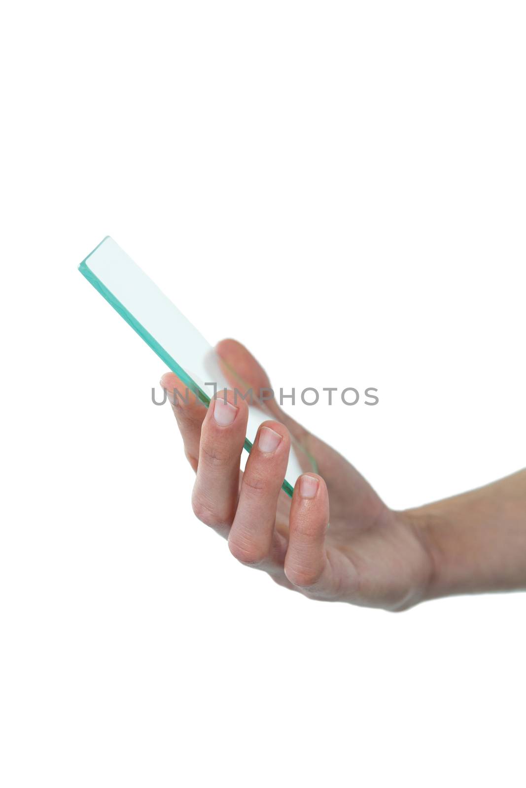 Hand holding futuristic mobile phone against white background
