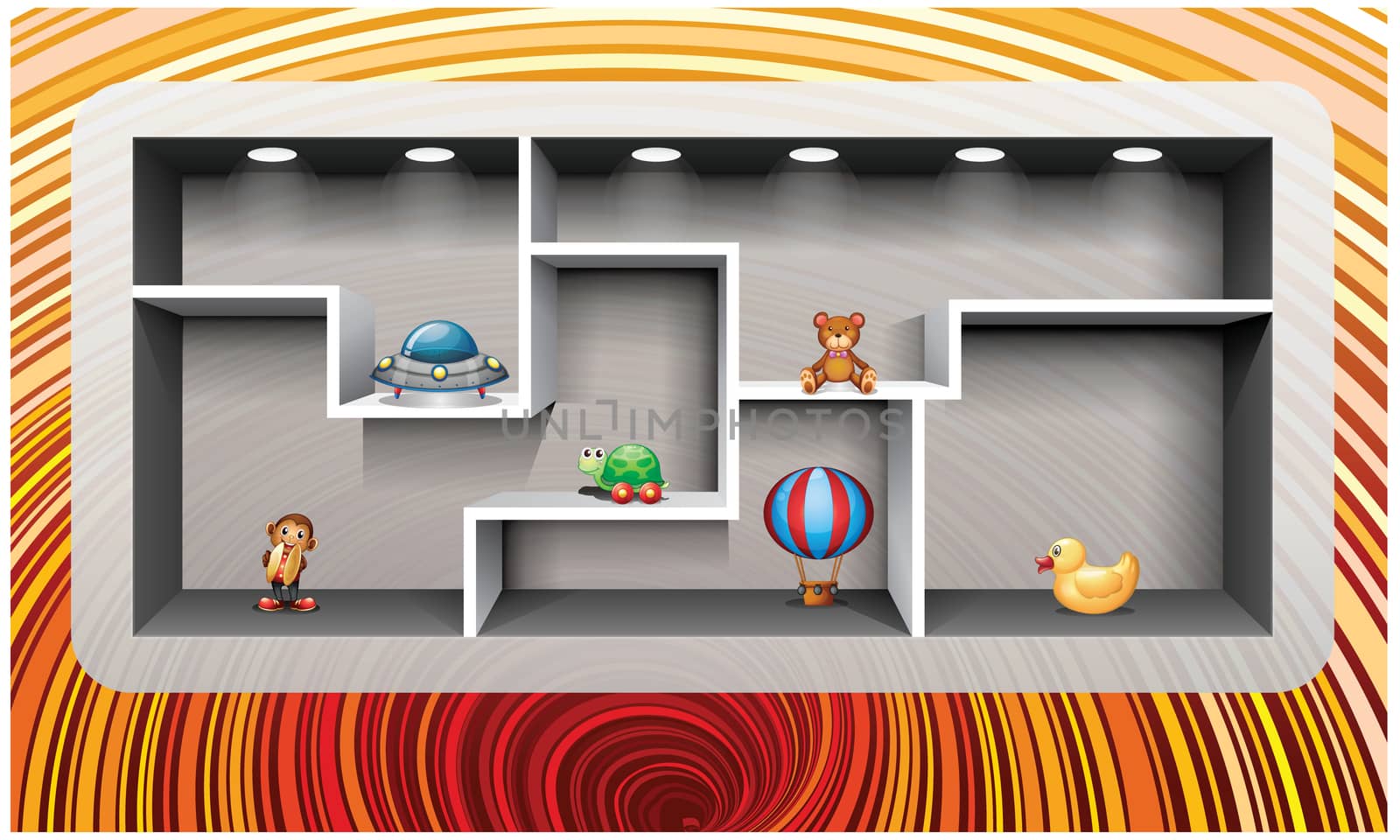 toys placed on shelves in abstract room by aanavcreationsplus