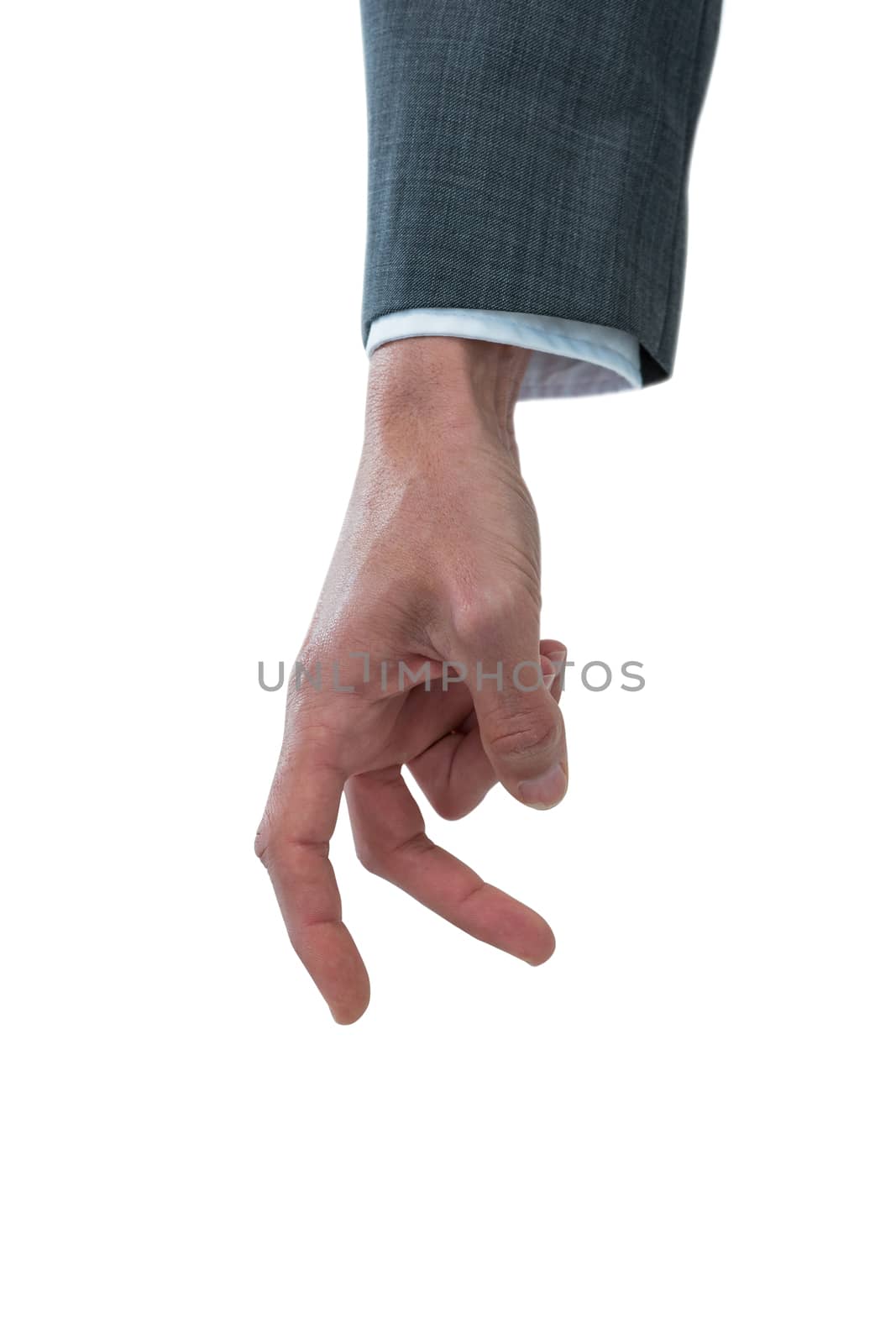 Hand of businessman gesturing against white background