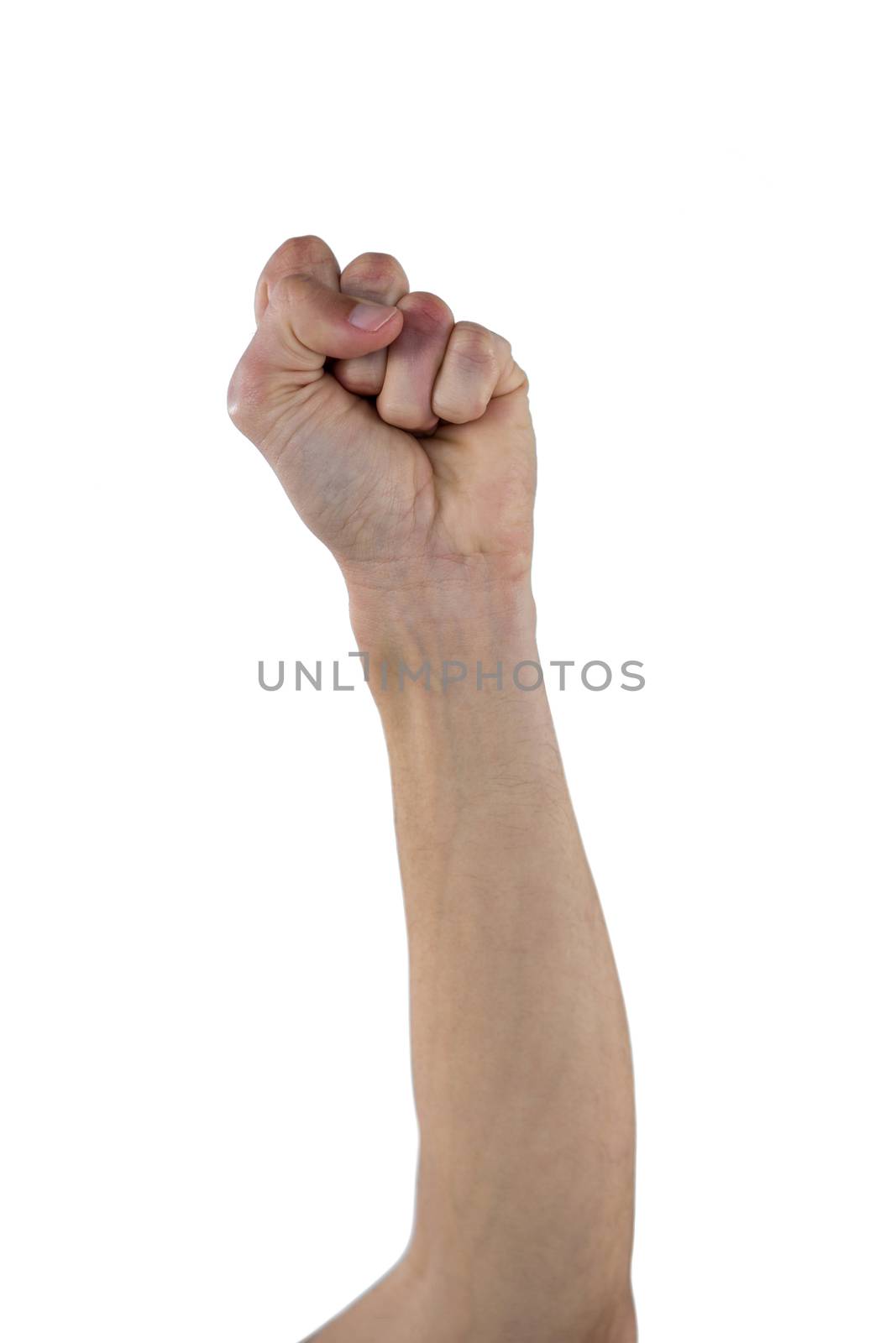 Hand with clenched fist against white background