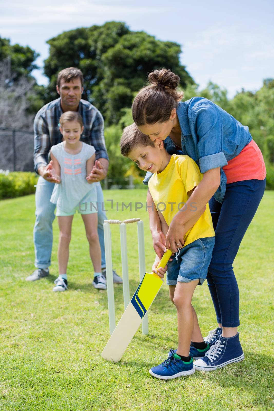 Family playing cricket in park by Wavebreakmedia