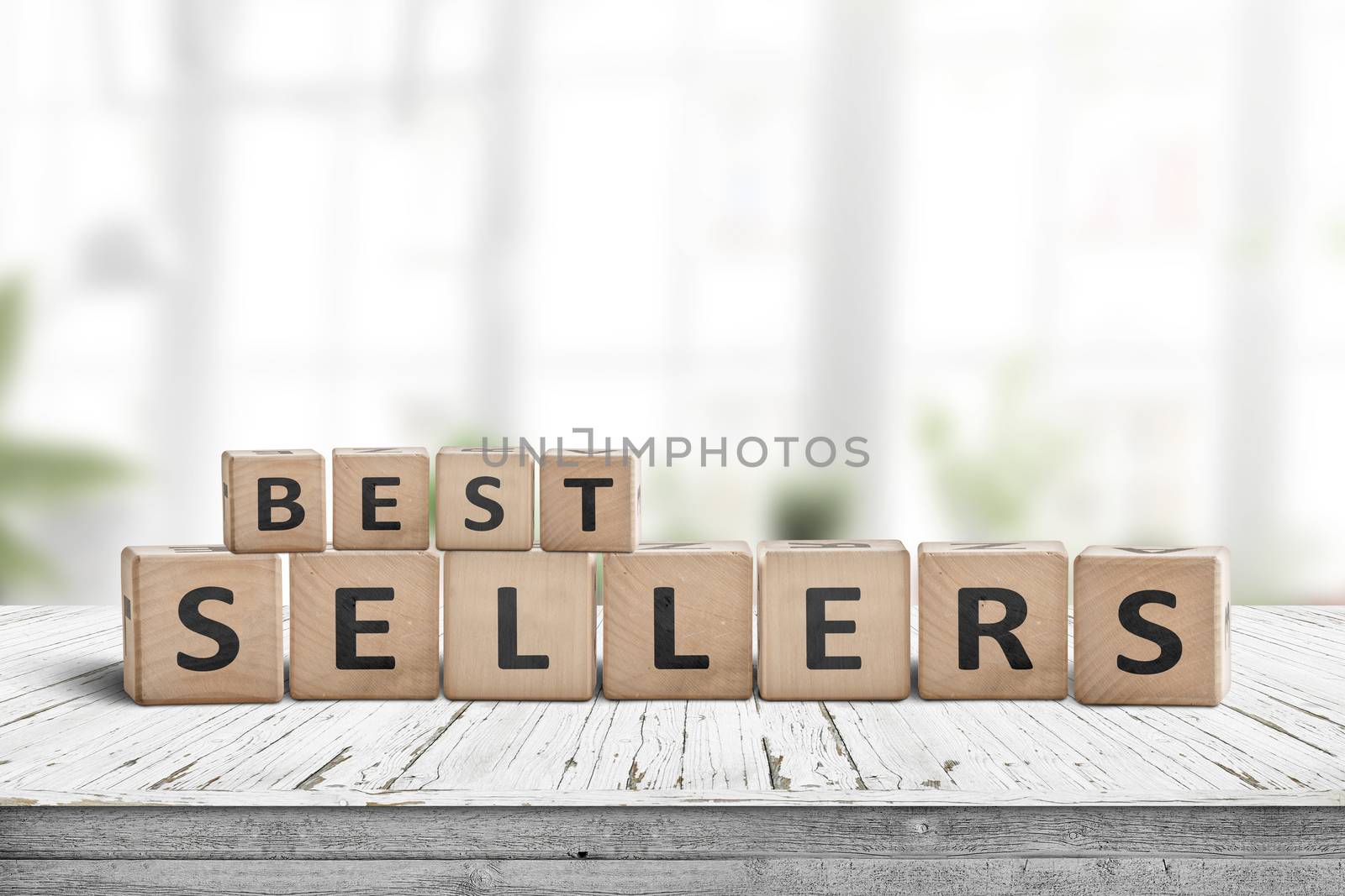 Best sellers sign on a wooden desk in a bright room with green plants