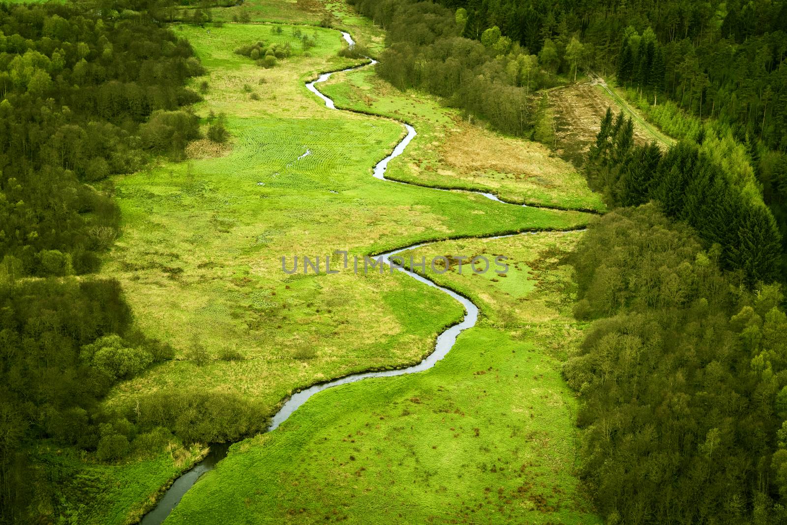 Curvy river running through a green area with fields and forest seen from above