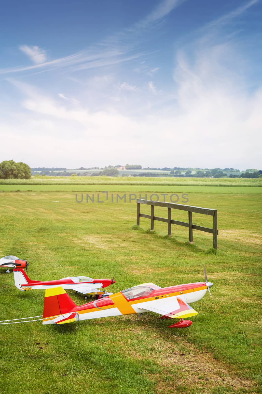 Model airplanes ona line on a green field in the summer under a blue sky