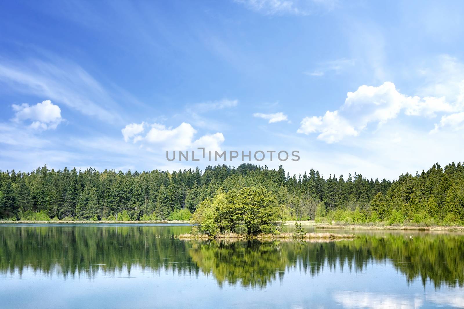 Colorful lake scenery with reflections of trees in the water and with a small island in the middle