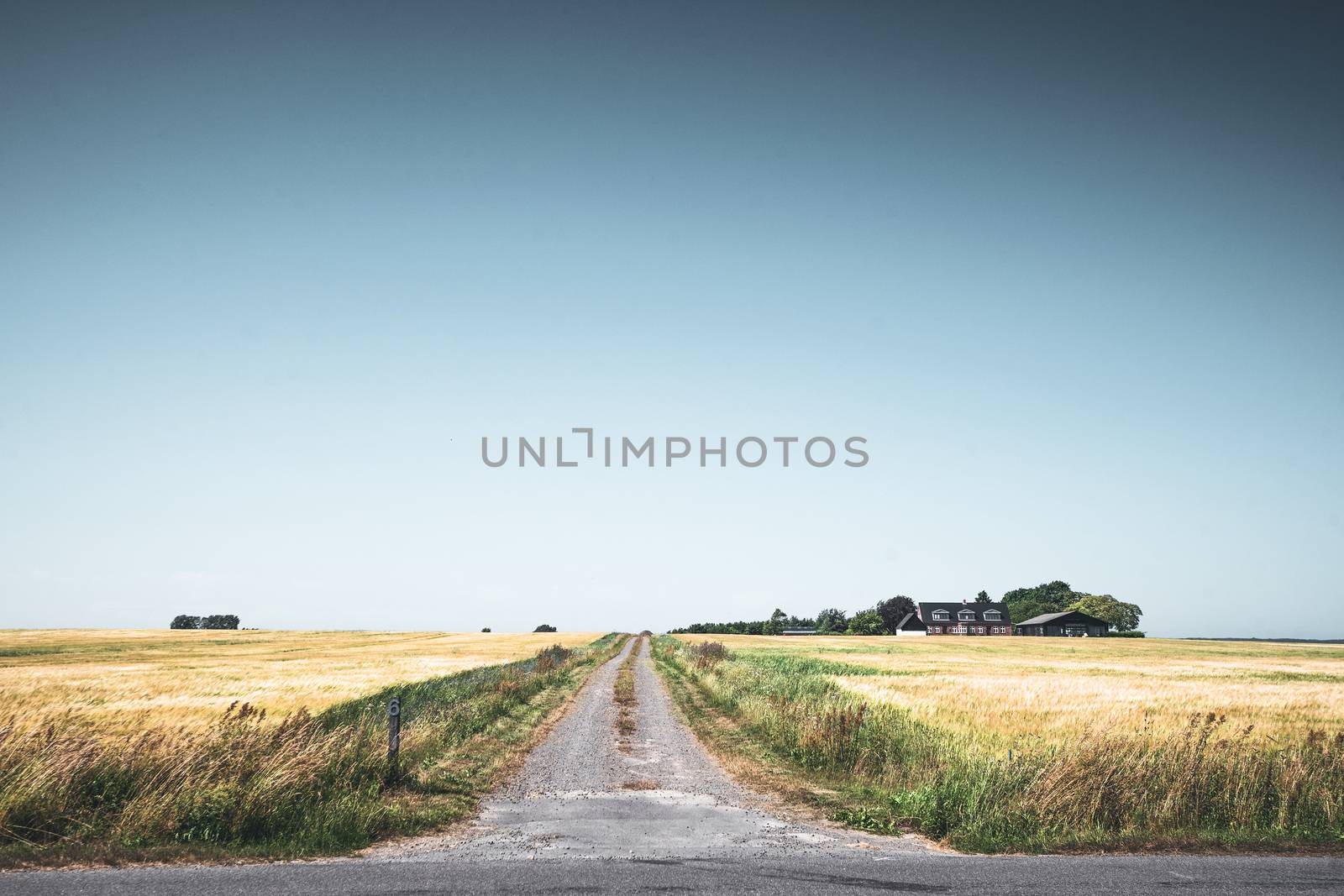 Rural scenery with a road passing a small farm house in a countryside landscape