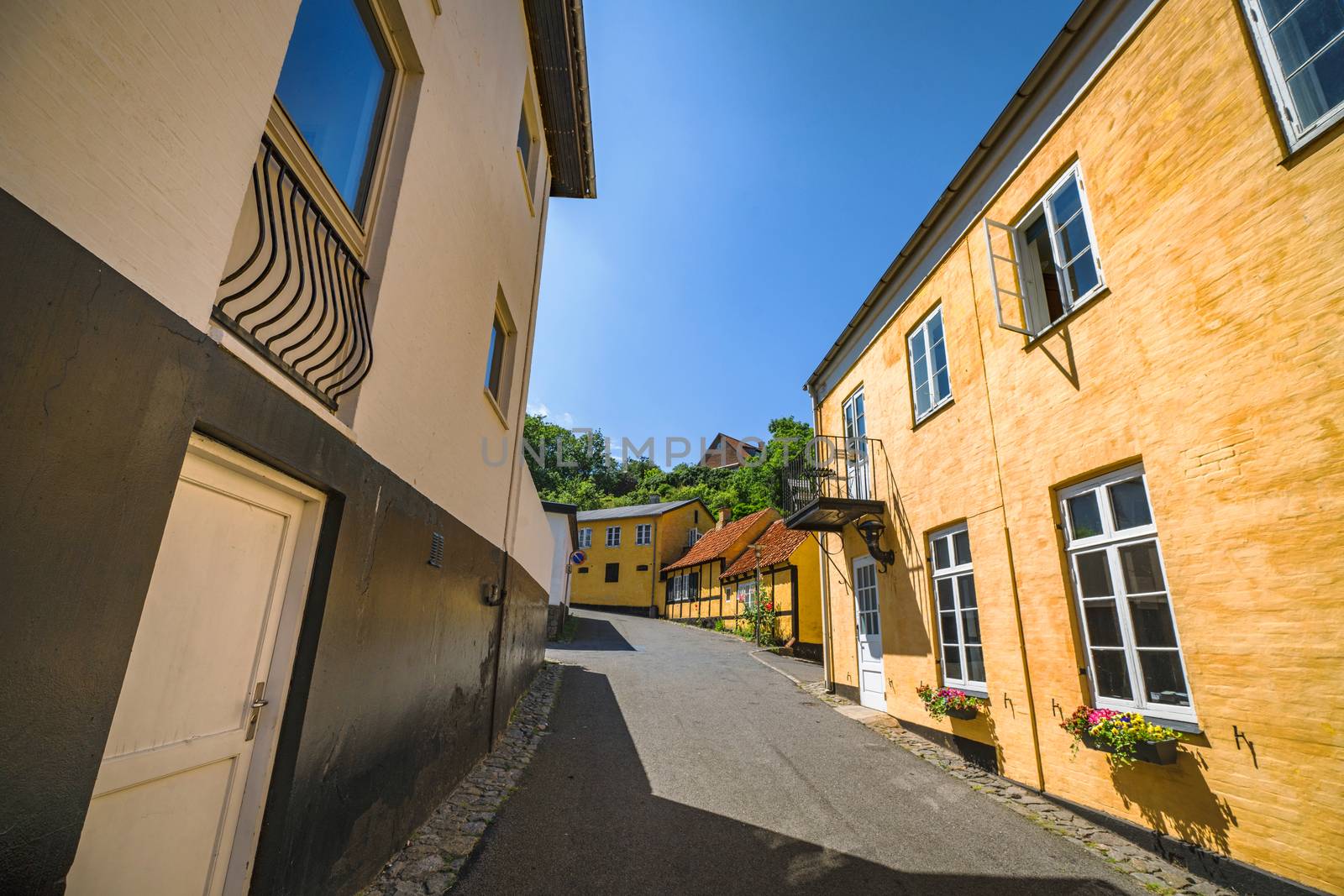 Scandinavian street with colorful buildings in the summer with flowers outside