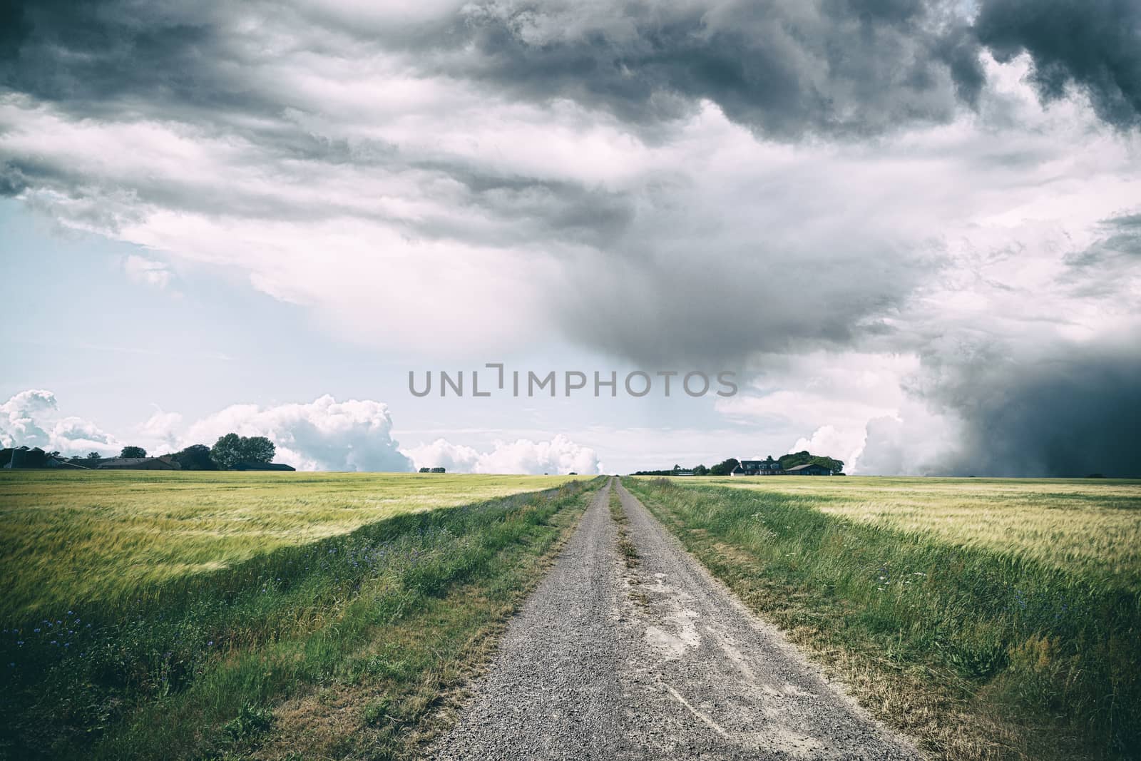 Rural landscape with dark clouds over a countyside by Sportactive