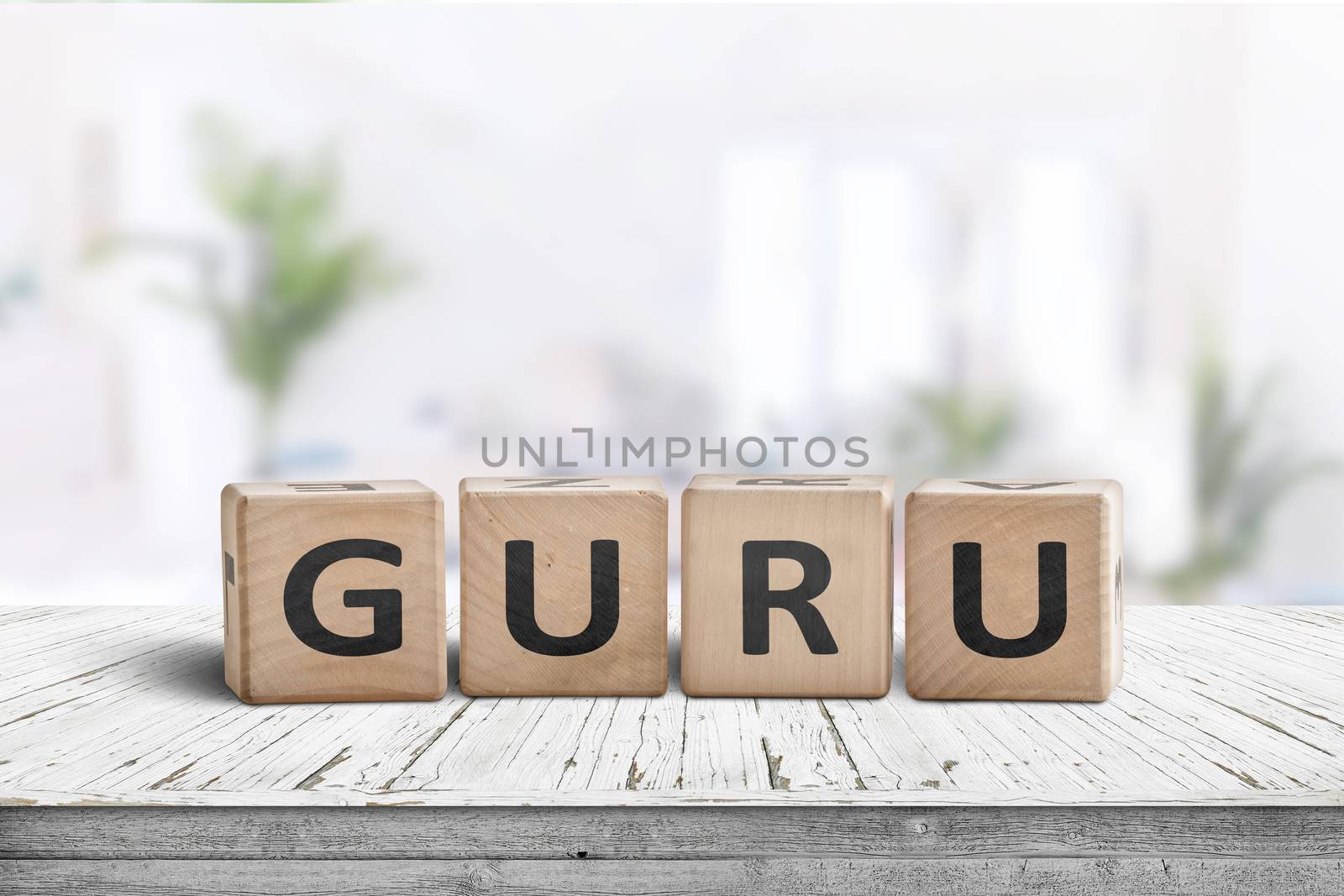 Guru sign on a wooden table in a bright room with green plants