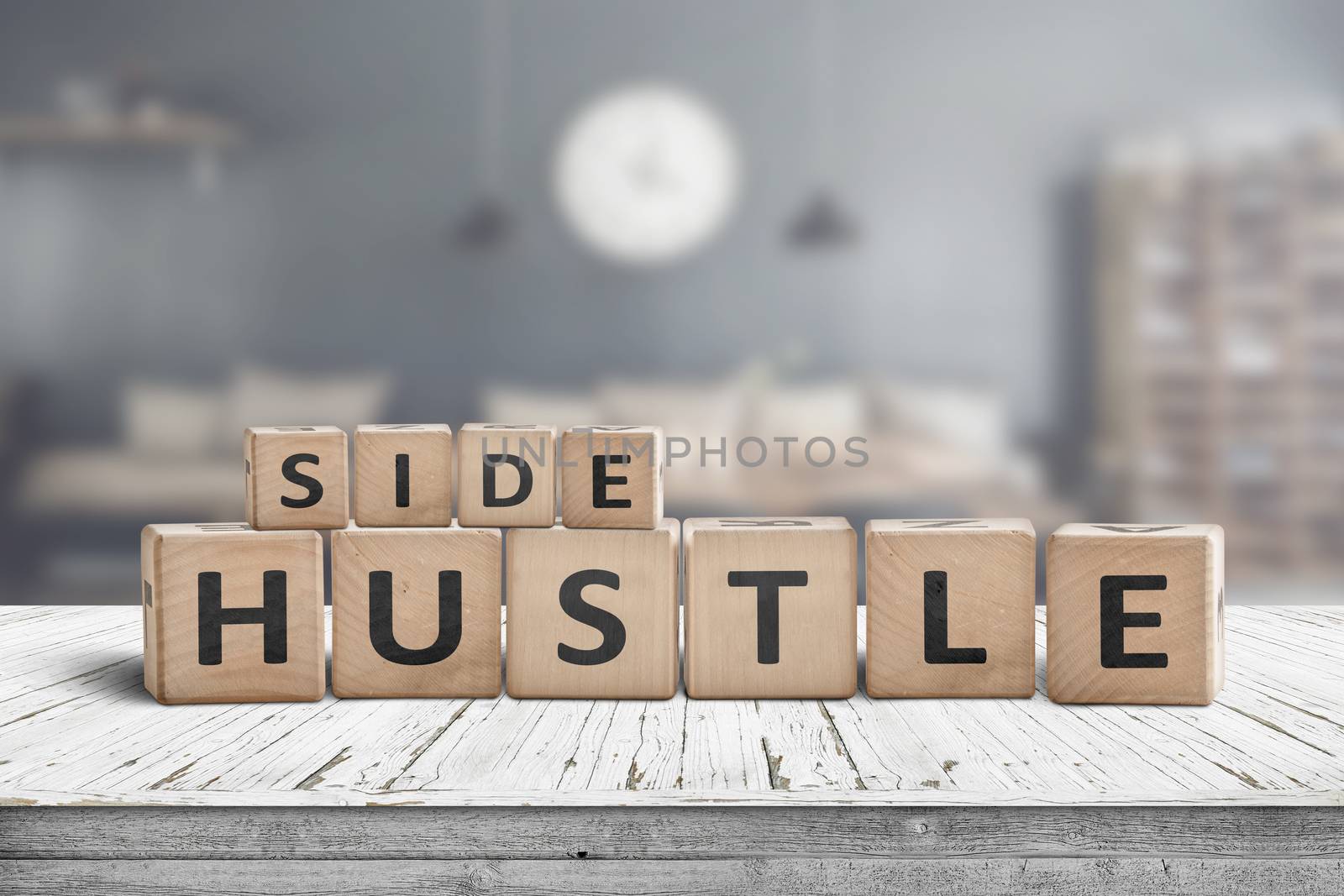 Side hustle sign on a plank table in a decorative room with a clock