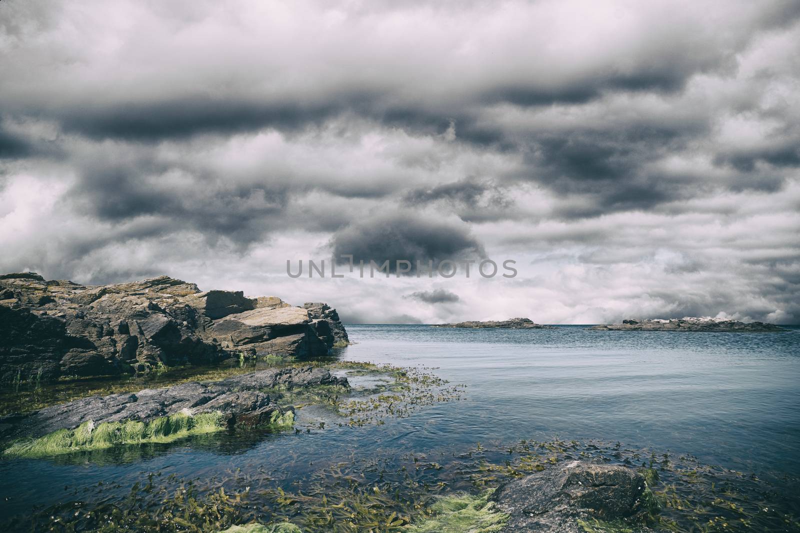 Cliffs with green seaweed under a dark sky with dramatic clouds