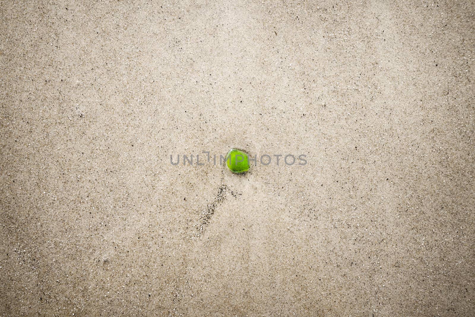 Green sanded glass in the water on a beach washed up on the shore in the summer