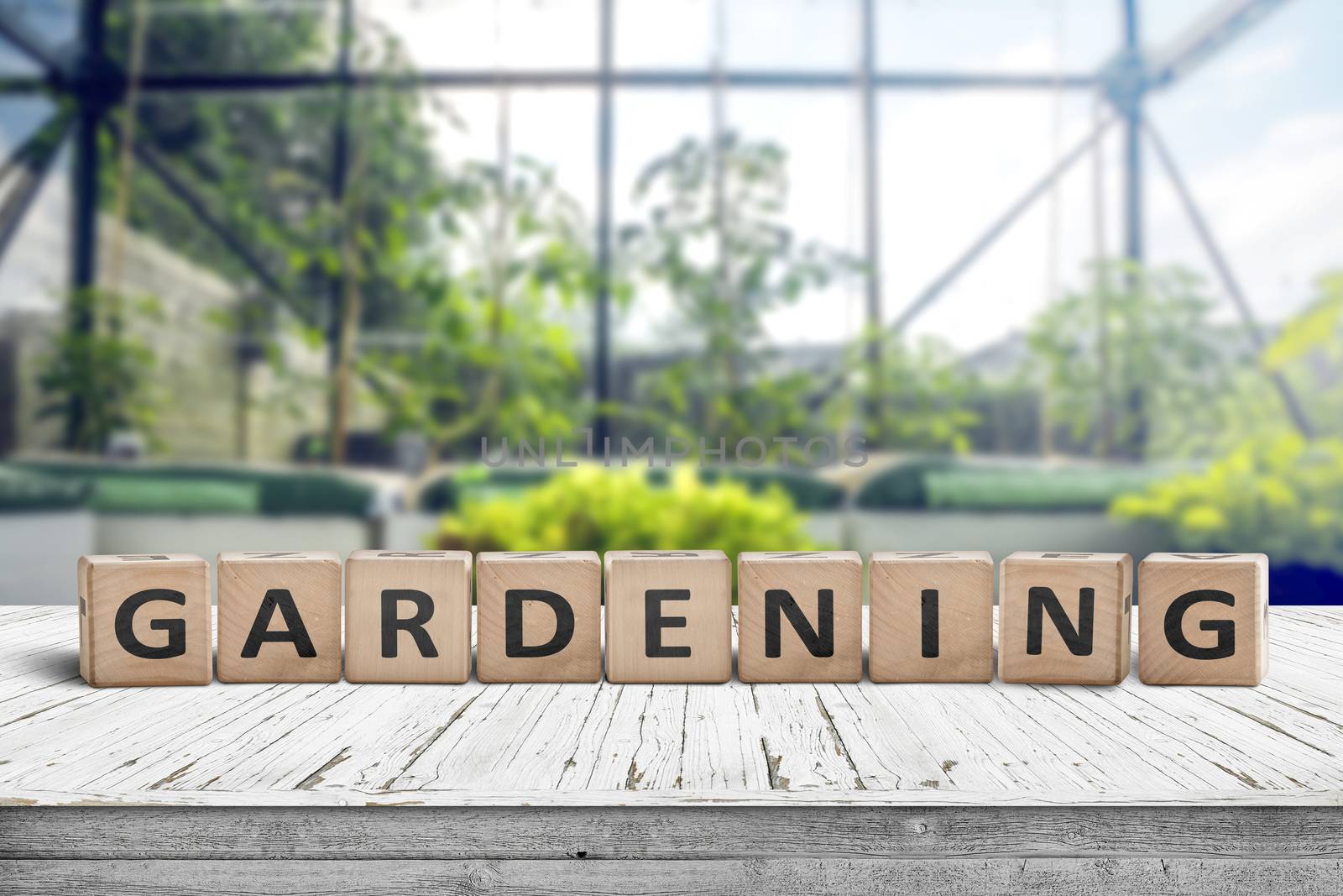 Gardening sign in a green house on a wooden table in bright light in the springtime