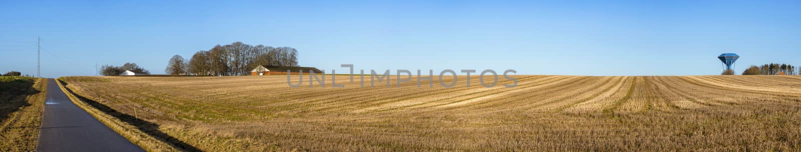 Rural panorama landscape with a dry field under a blue sky with a water tower on the right side