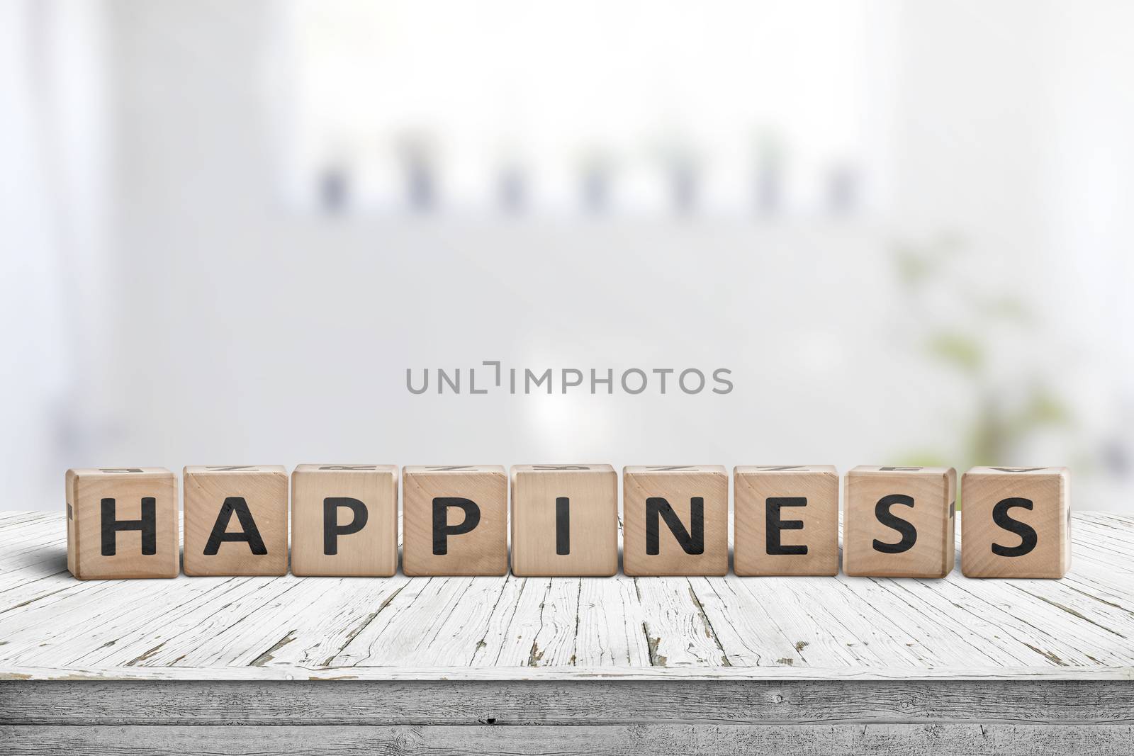 Happiness sign made of wood in a bright living room by Sportactive