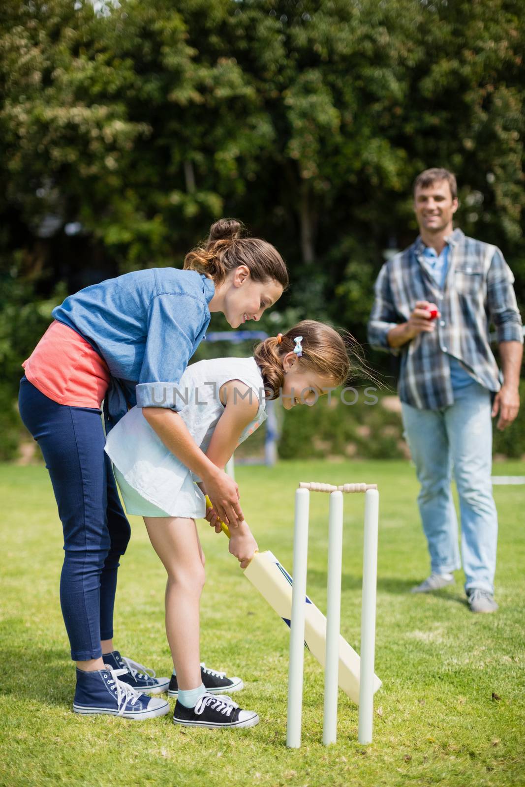 Family playing cricket in park by Wavebreakmedia