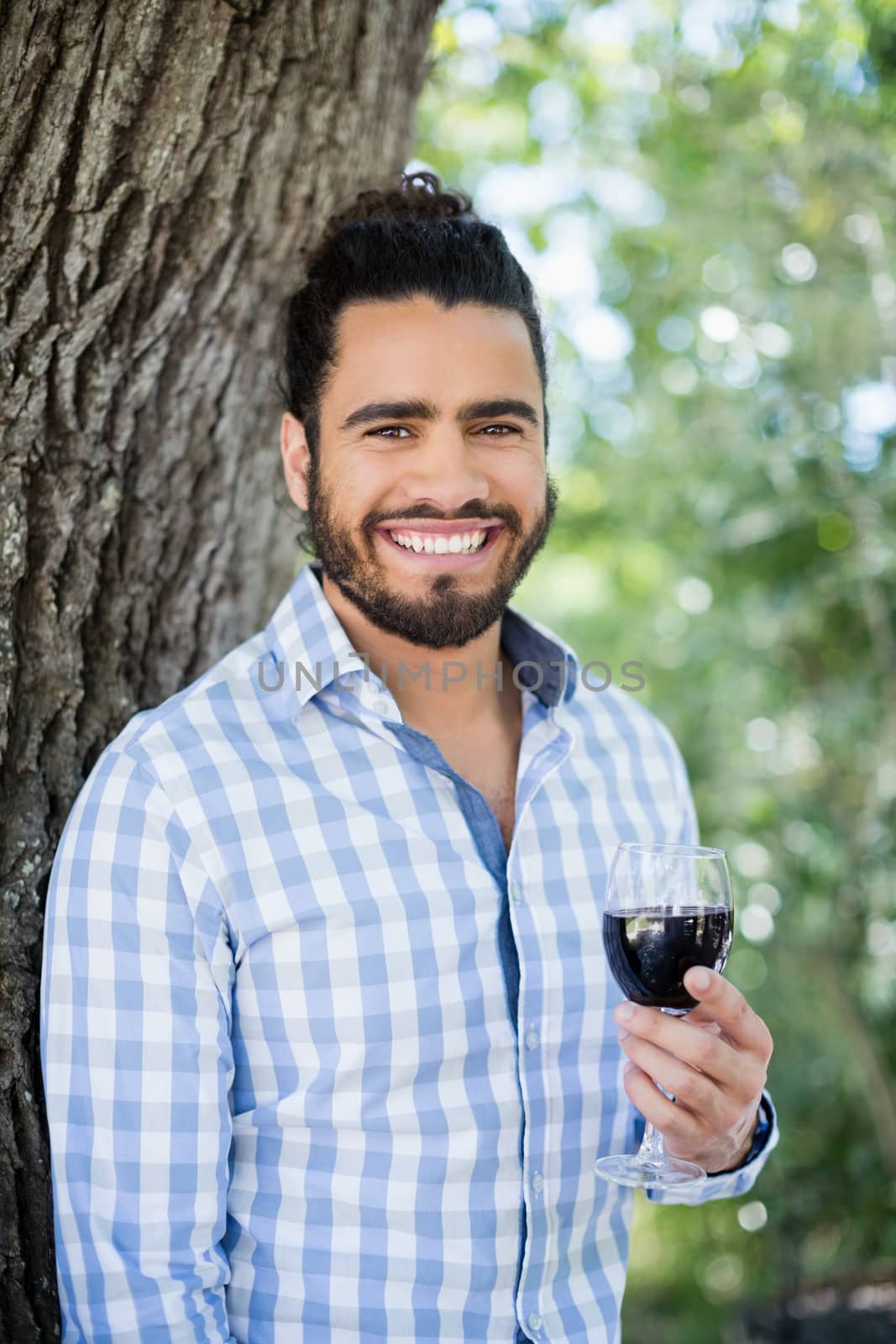 Portrait of man holding a glass of wine in the park on a sunny day
