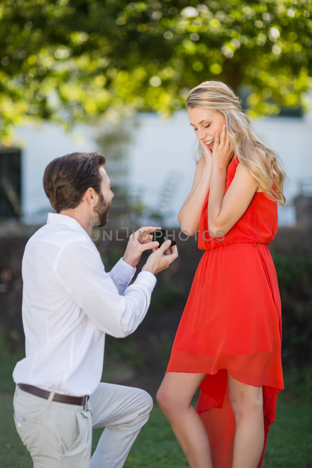 Man proposing a woman with a ring on his knee in the park