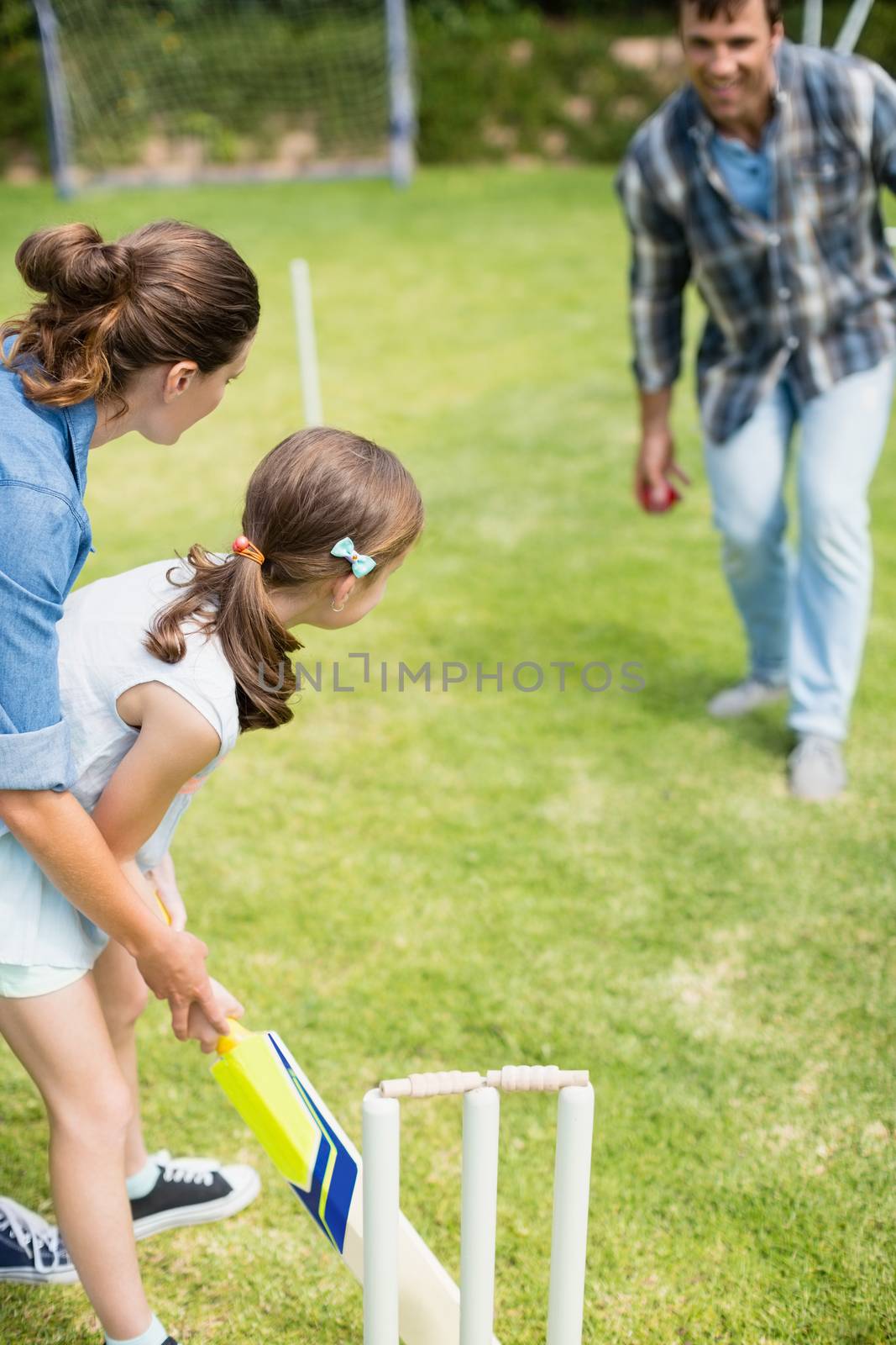 Family playing cricket in park on a sunny day