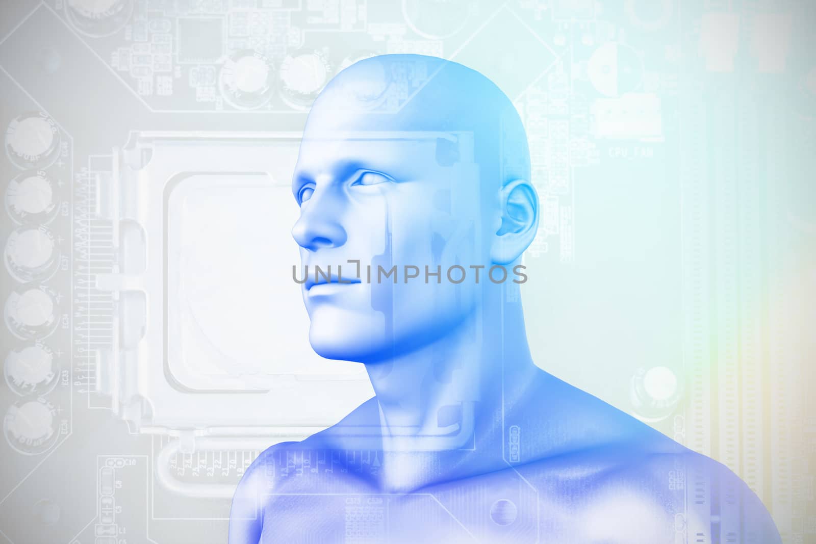 Digital composite of human figure  against close-up of circuit board 3D