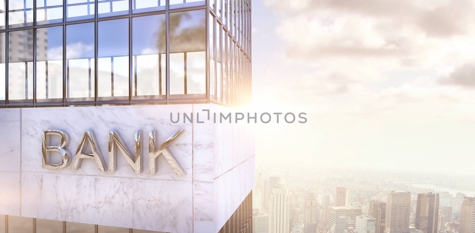 Graphic image of bank building against image of a city landscape on a sunny day 